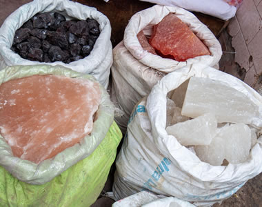 colorful rock salt at an Indian spice shop