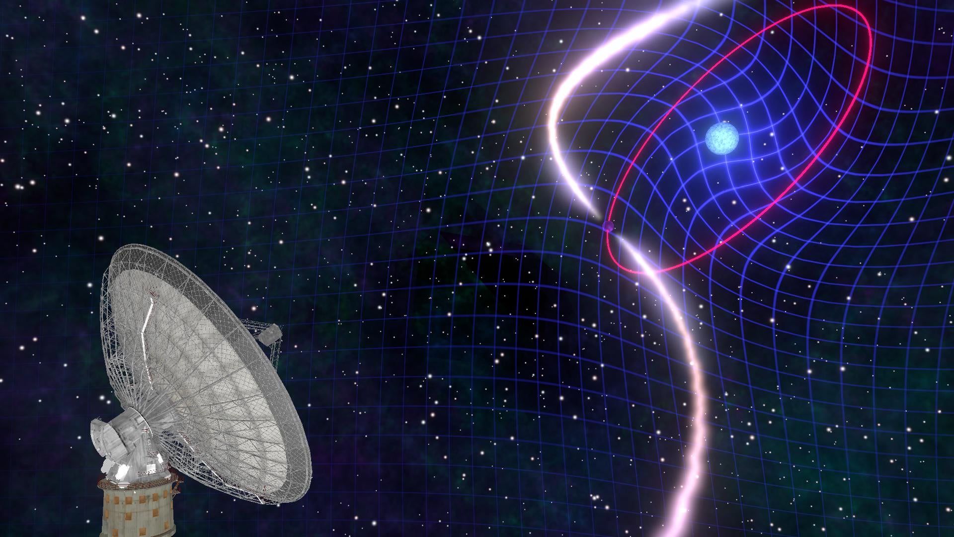 Artist’s impression of the Parkes radio telescope observing a pulsar-white dwarf binary.