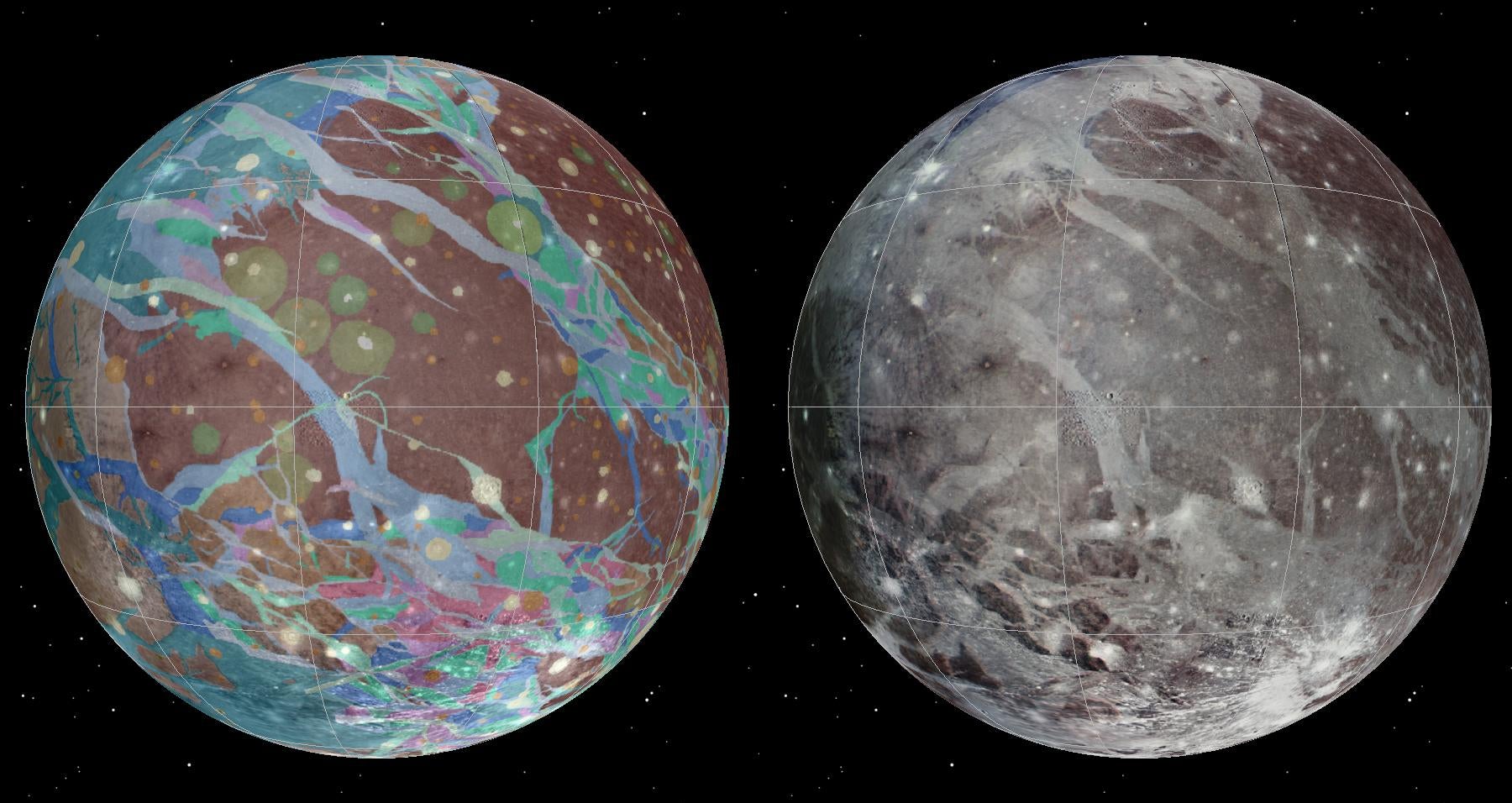 Mosaic and geologic maps of Ganymede assembled with data from Voyagers 1 and 2 and Galileo.