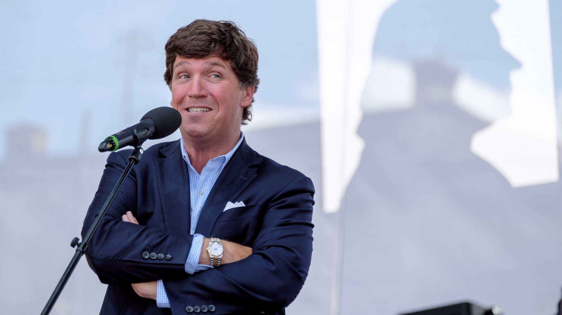 Tucker Carlson speaks during the Mathias Corvinus Collegium (MCC) Feszt on August 7, 2021 in Esztergom, Hungary.