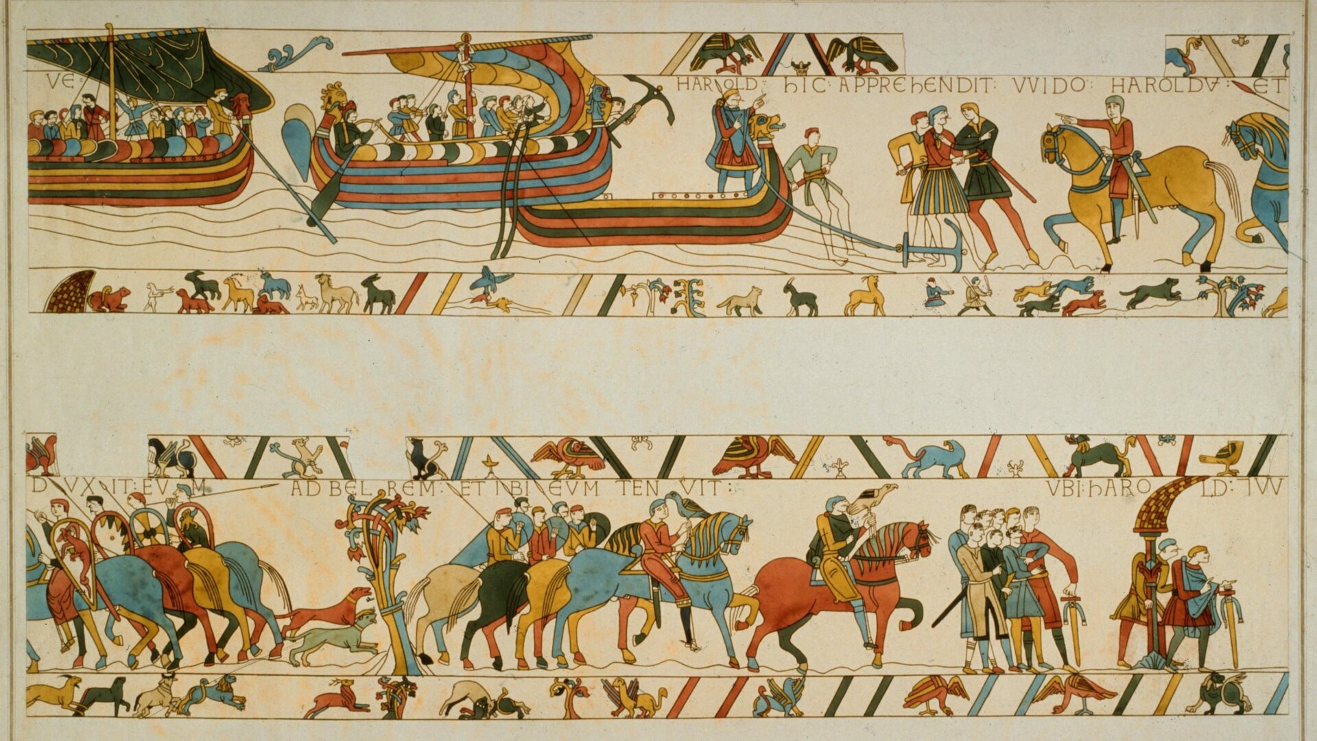 The Bayeux Tapestry (dating to the 11th century) depicts the army of future King Harold II of England landing in Normandy.