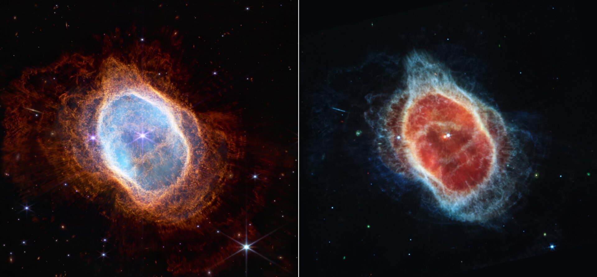 The Southern Ring planetary nebula, imaged by Webb Space Telescope in infrared (left) and mid-infrared (right).