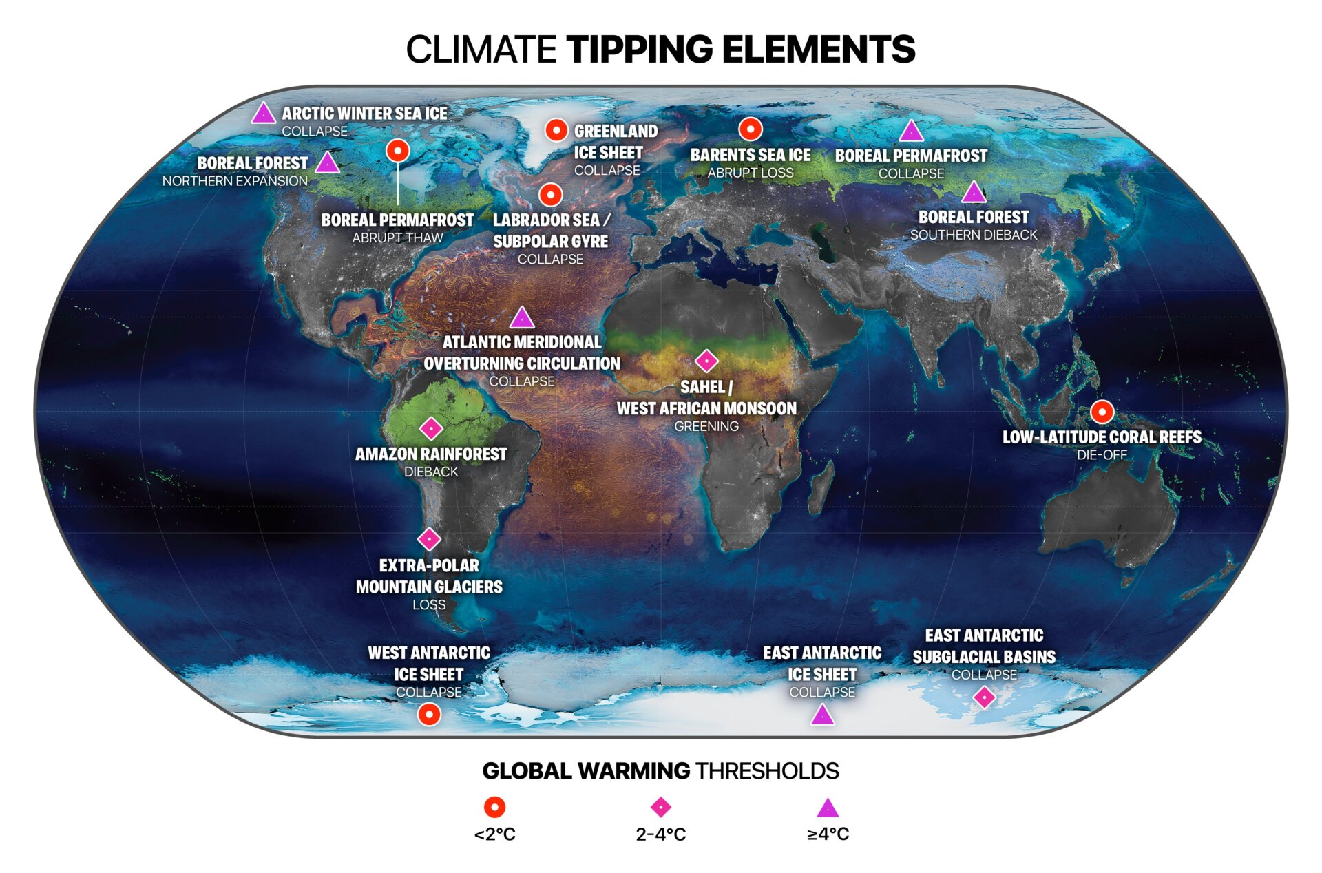 The location of different climate tipping points around the world. 