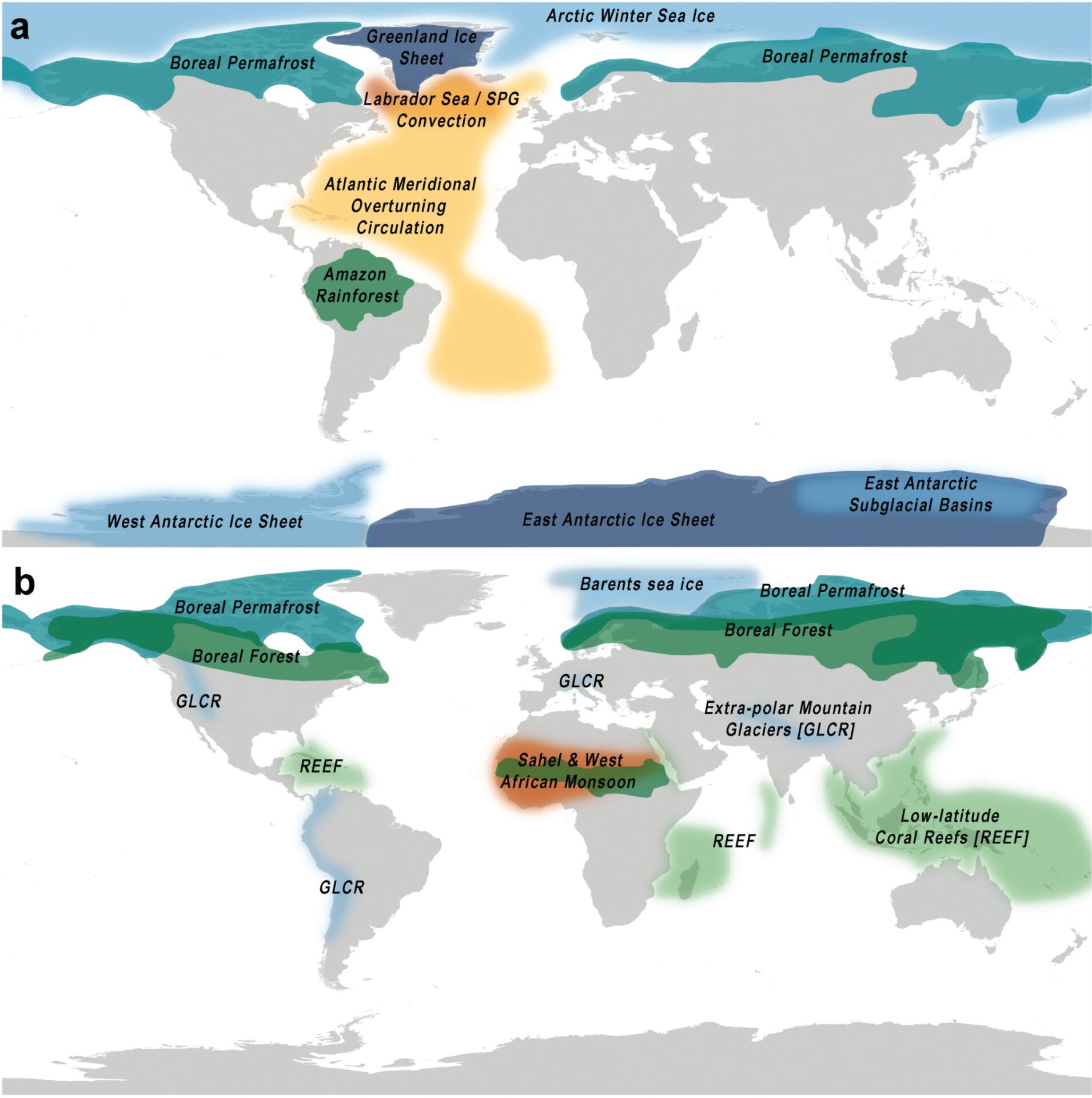 Maps showing the global ‘core’ (a) and regional ‘impact’ (b) climate tipping elements identified in this study. Blue areas represent cryosphere elements, green biosphere, and orange ocean-atmosphere.