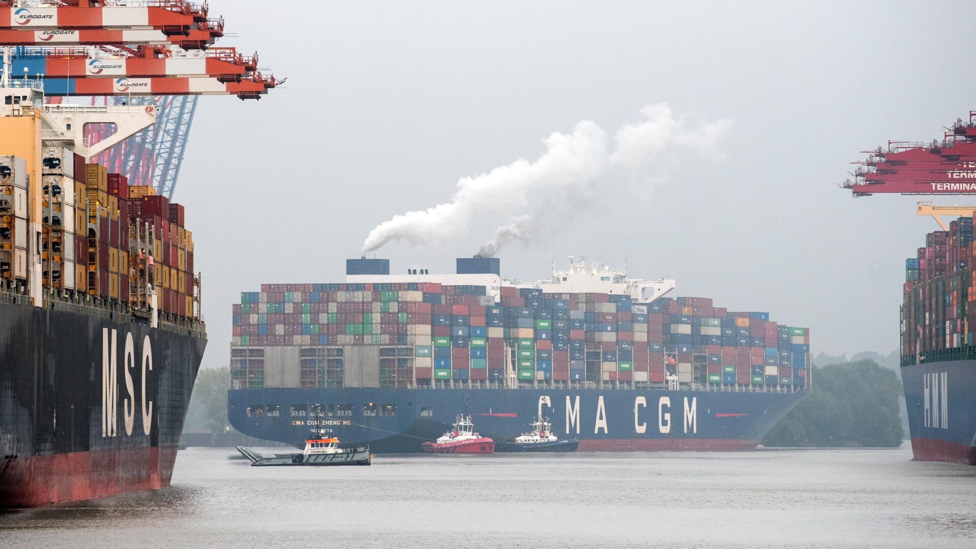 Container ships in a port in Hamburg, Germany.