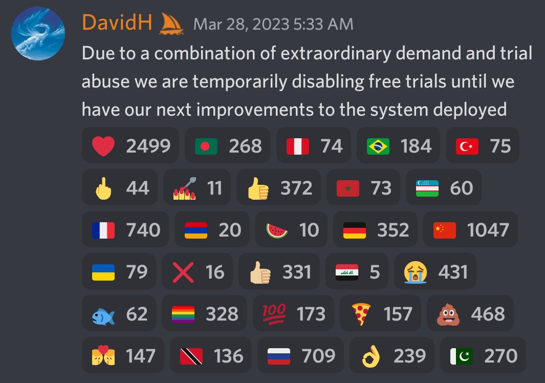 An announcement from Midjourney CEO, David Holz, in the company’s Discord, suspending free trials.