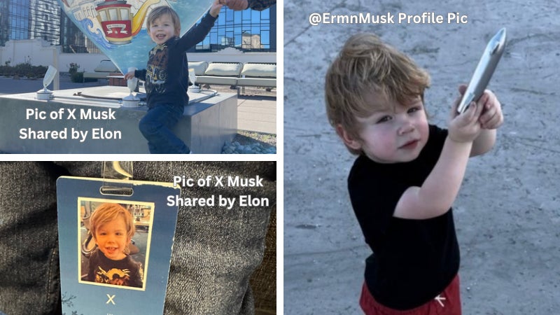 The two photos on the left feature X Musk in photos uploaded by Elon Musk in December 2022. The photo on the right is the profile picture for @ErmnMusk.