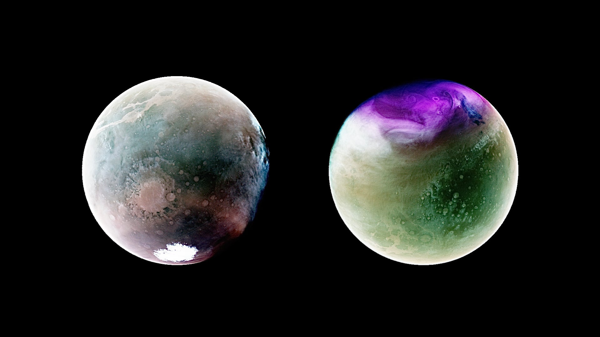 A side by side of two images of Mars captured by NASA’s MAVEN spacecraft.