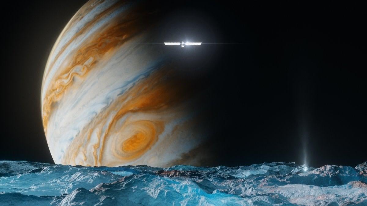 An illustration of the Europa Clipper with a backdrop of Jupiter.