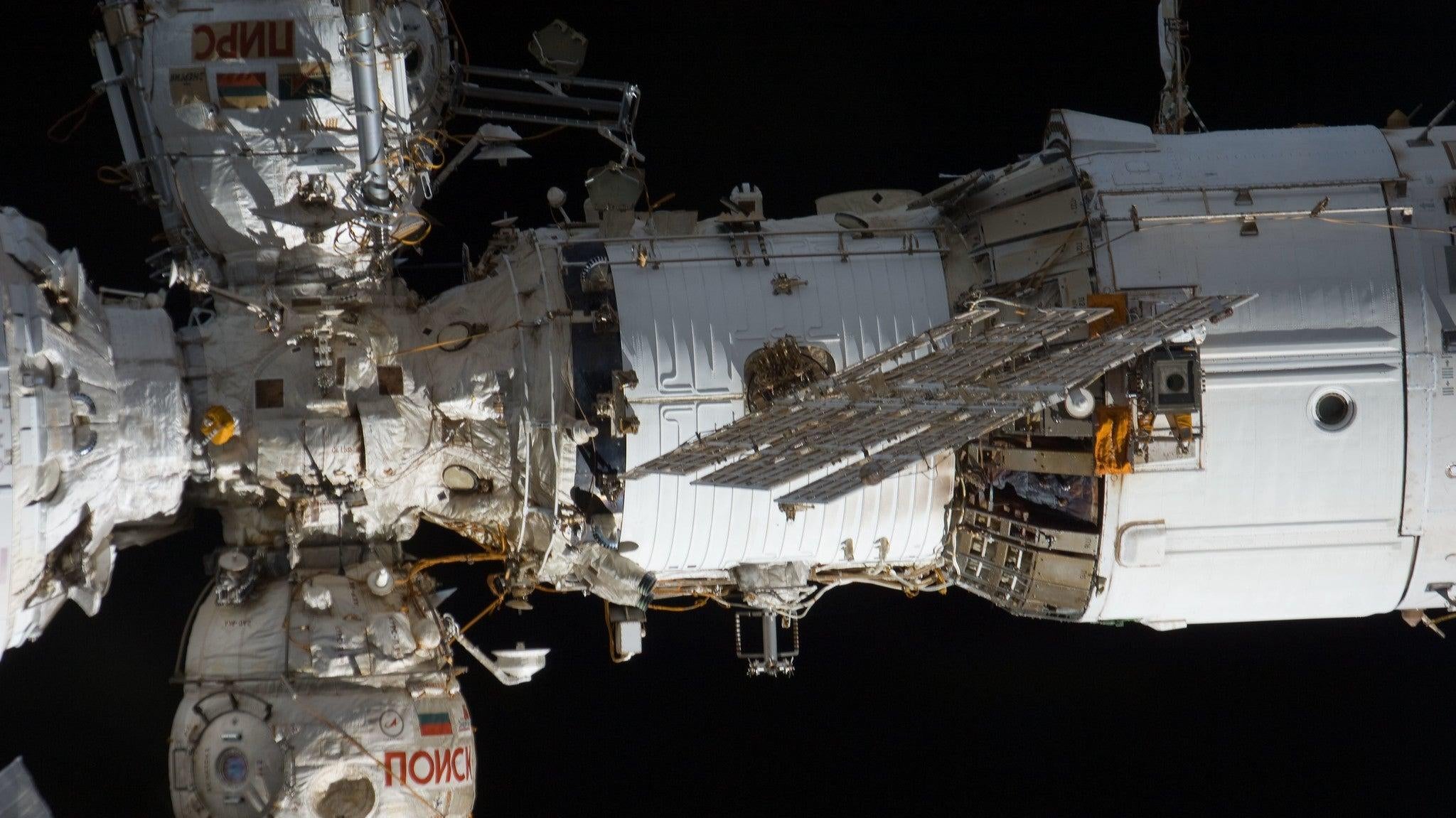 The ISS’s Zvezda service module along with two Russian modules attached to its forward section.