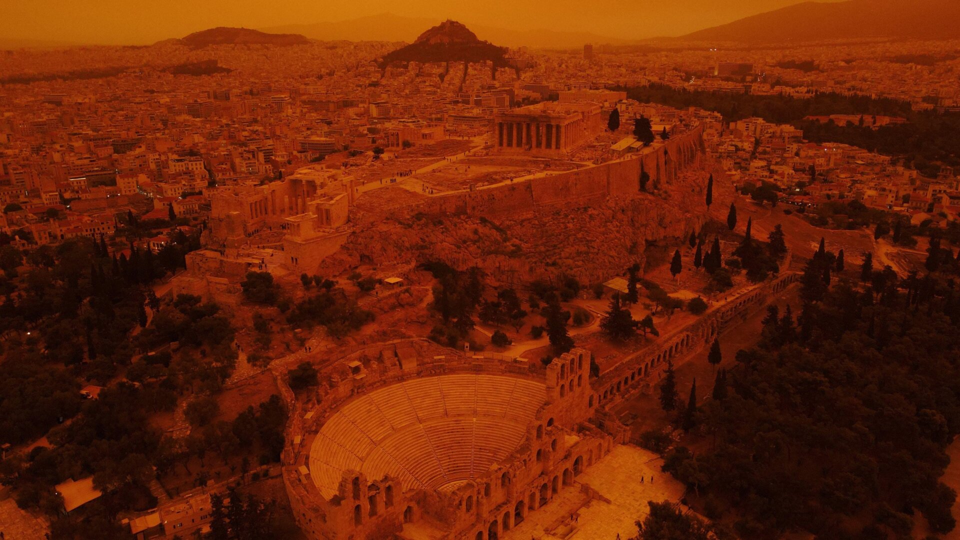 A dust cloud from the Sahara Desert in Africa covers the Acropolis on April 23, 2024, in Athens, Greece.