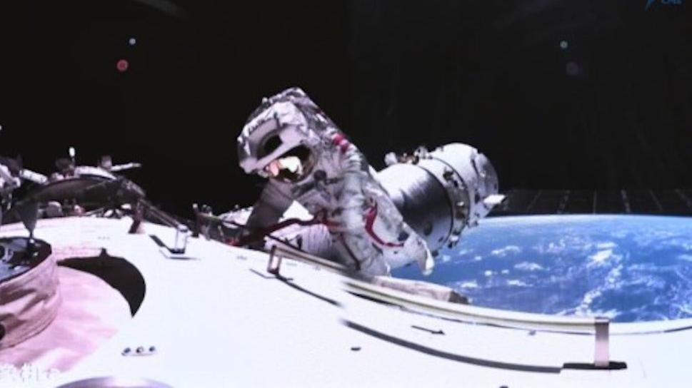 A Shenzhou 17 crew member repairing the solar panels during a recent spacewalk. 