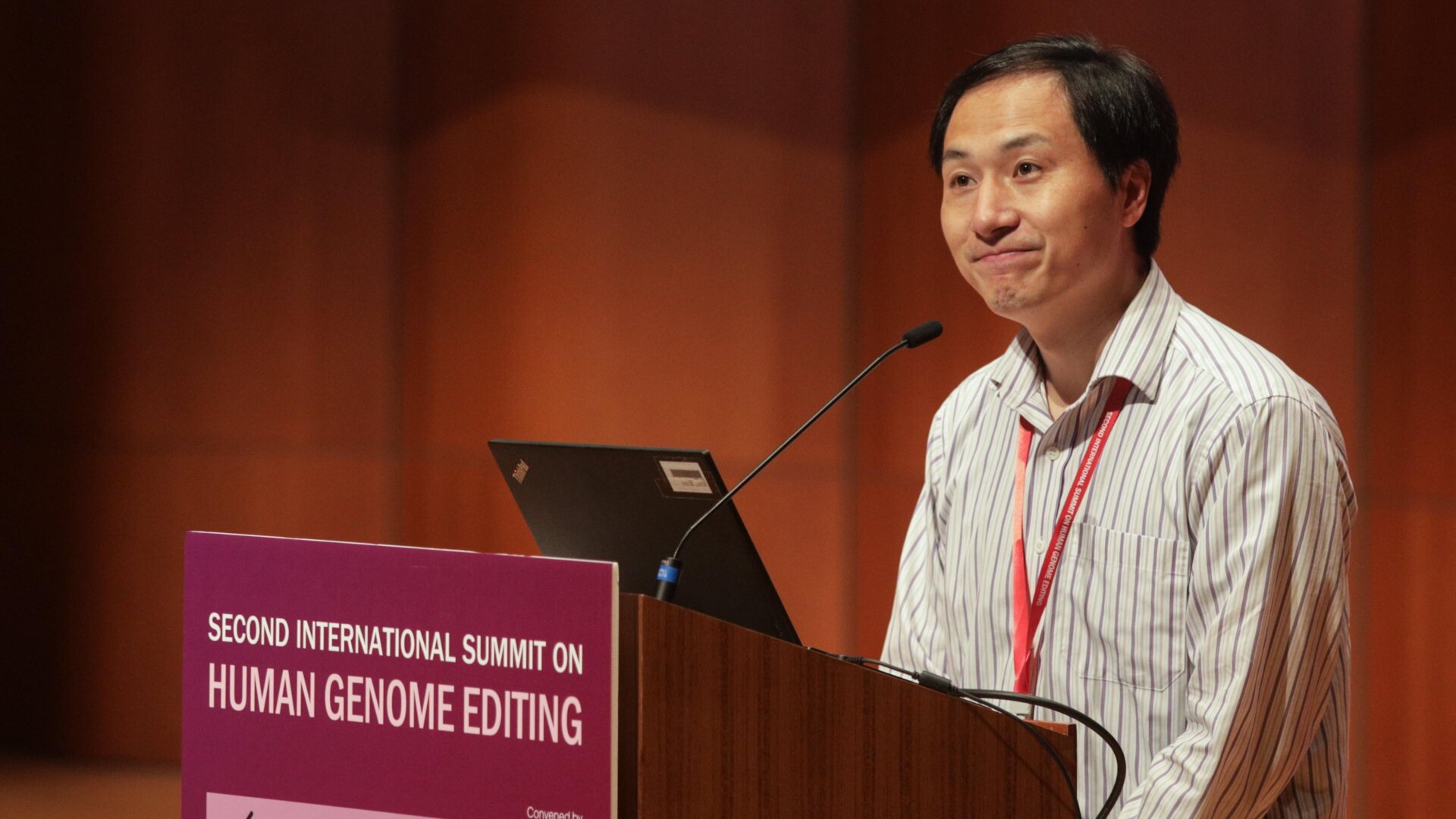 He Jiankui speaking during the Second International Summit on Human Genome Editing at the University of Hong Kong in 2018.