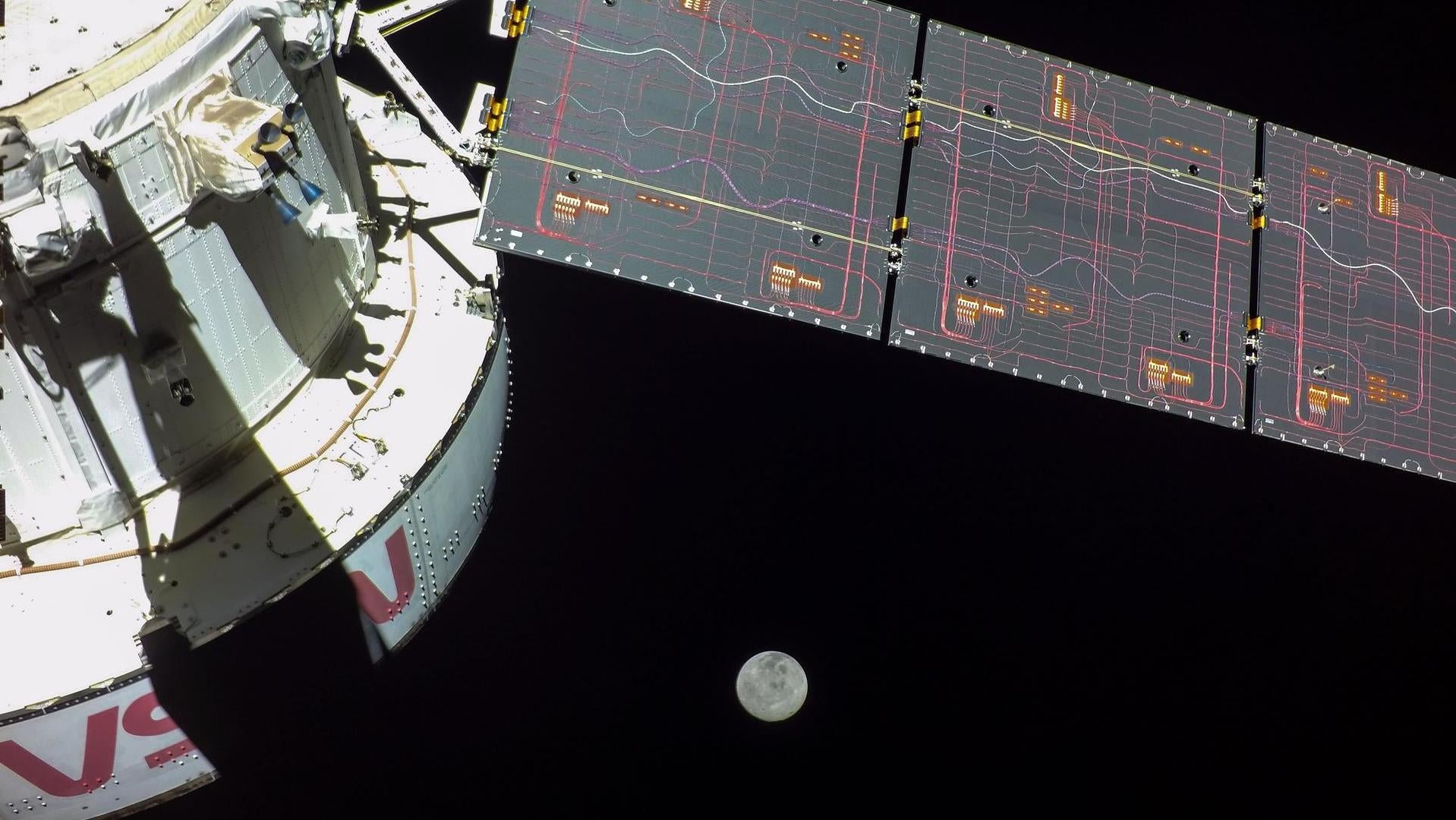 A camera mounted on one of Orion’s four solar arrays captured this image of the Moon on flight day 17 of the 25.5-day Artemis I mission.