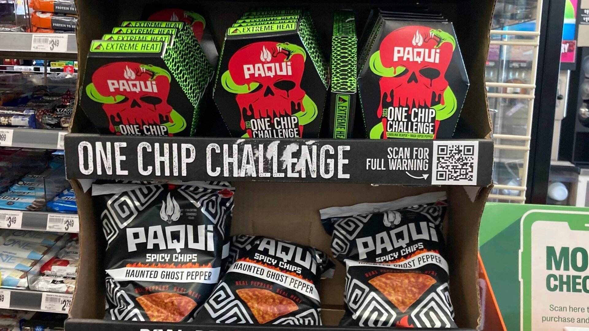 Paqui “One Chip Challenge” chips are displayed at a 7-Eleven store in Boston on Sept. 7, 2023