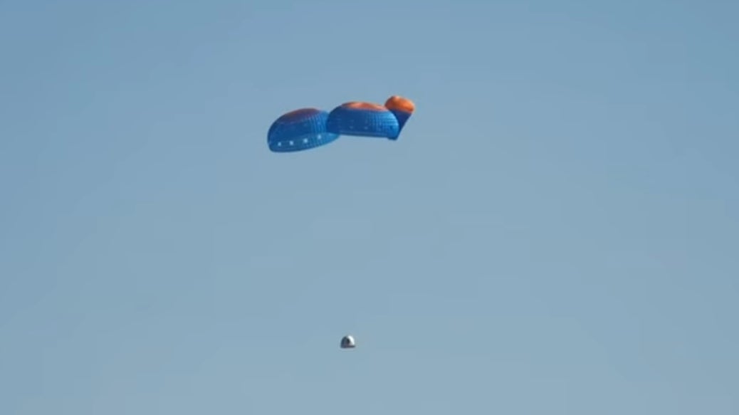 This screengrab, taken from the Blue Origin webcast, shows the unfurled parachute.