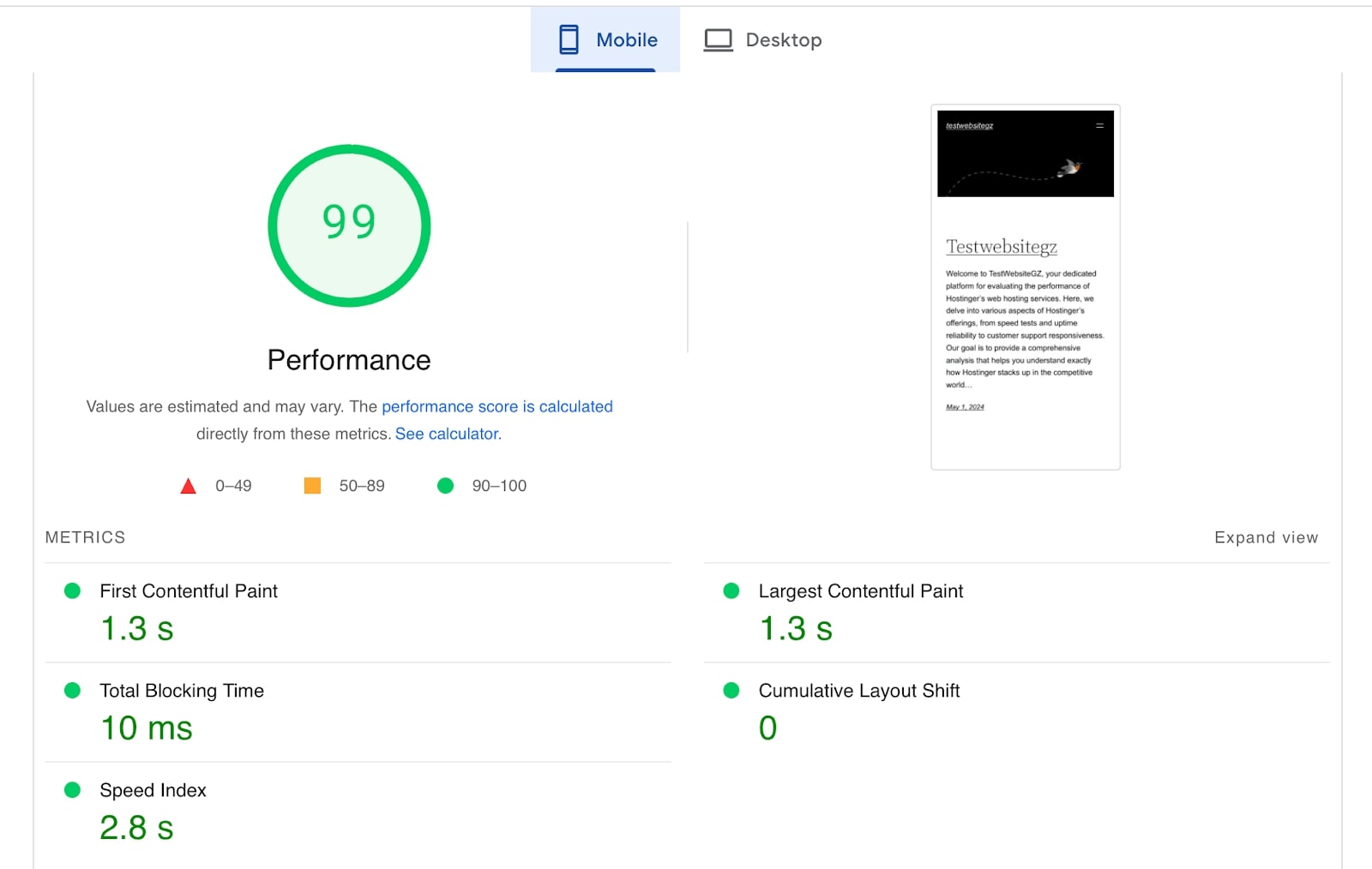 Hostinger Pageinsights Test Mobile