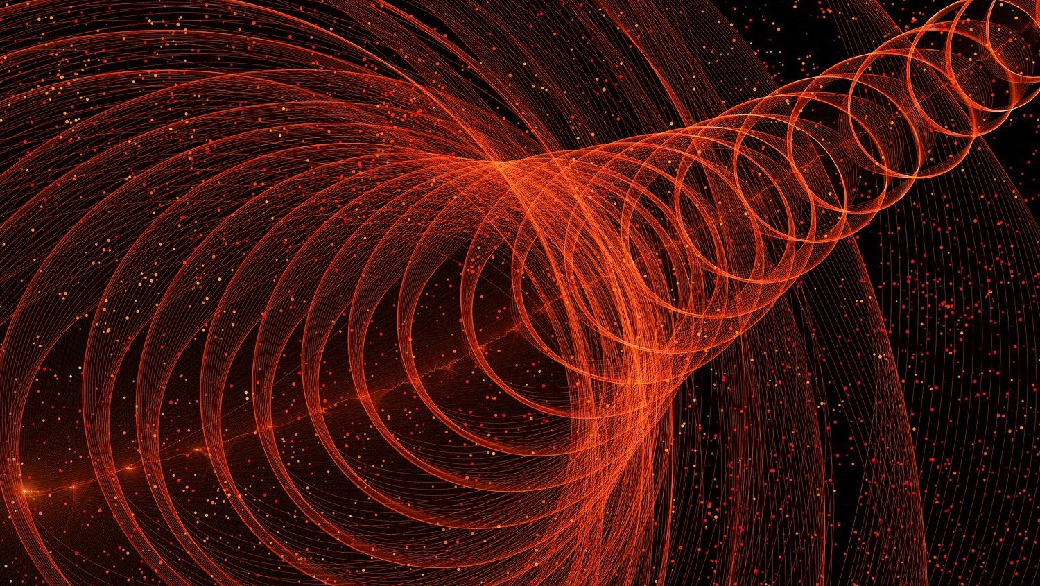 An illustration conveying the idea of a space-based quantum internet, which would seem, like the hypothetical particle of a tachyon, to outpace light.
