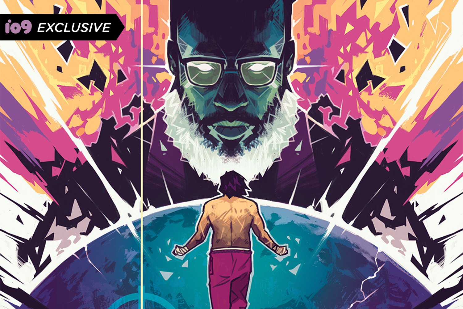 A section of a cover for The Power Fantasy #1. A man floating above earth is confronted by a larger man with a beard and glasses, shadowed behind the planet.