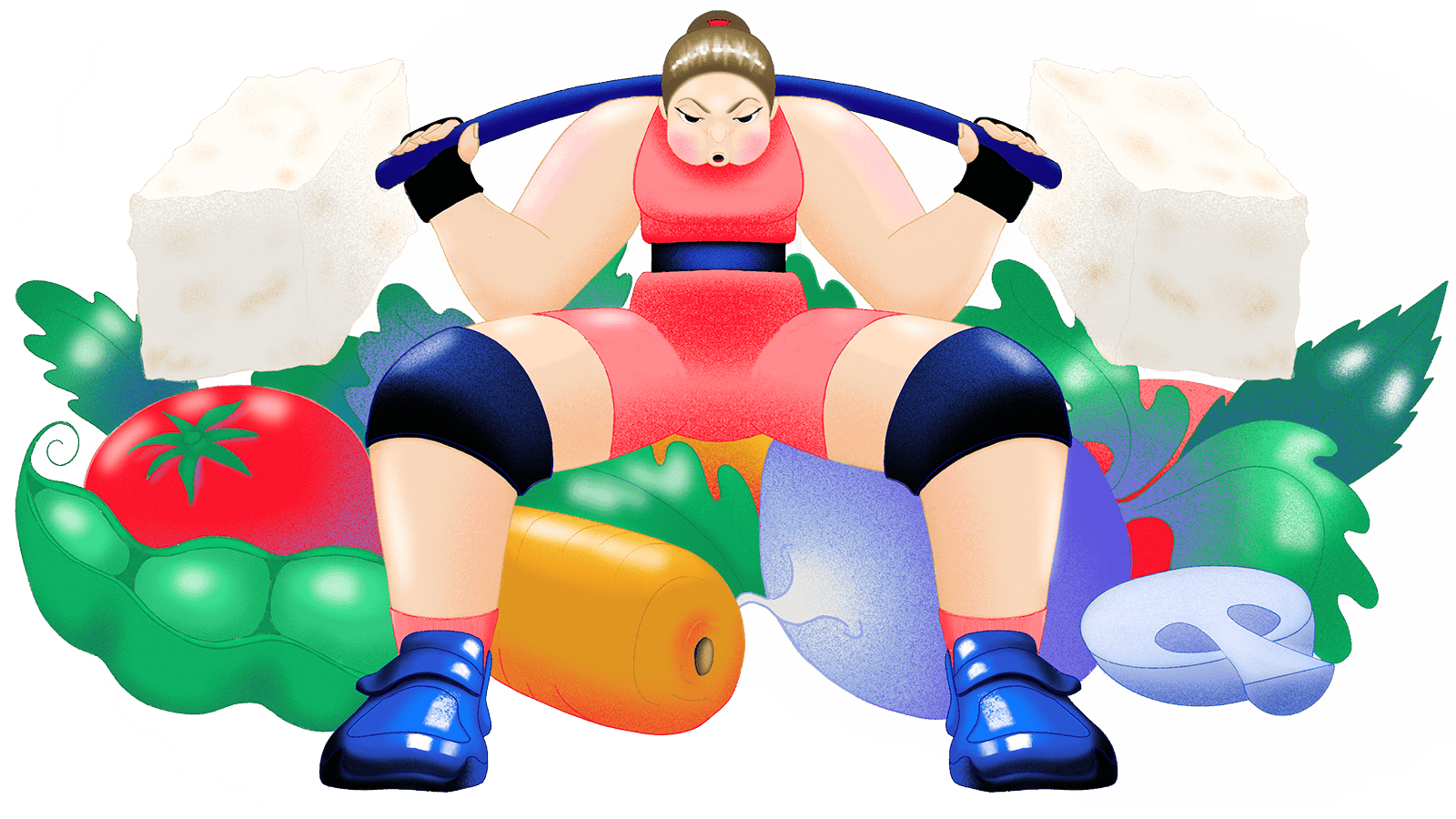 Illustration of a woman lifting heavy weights surrounded by veggies