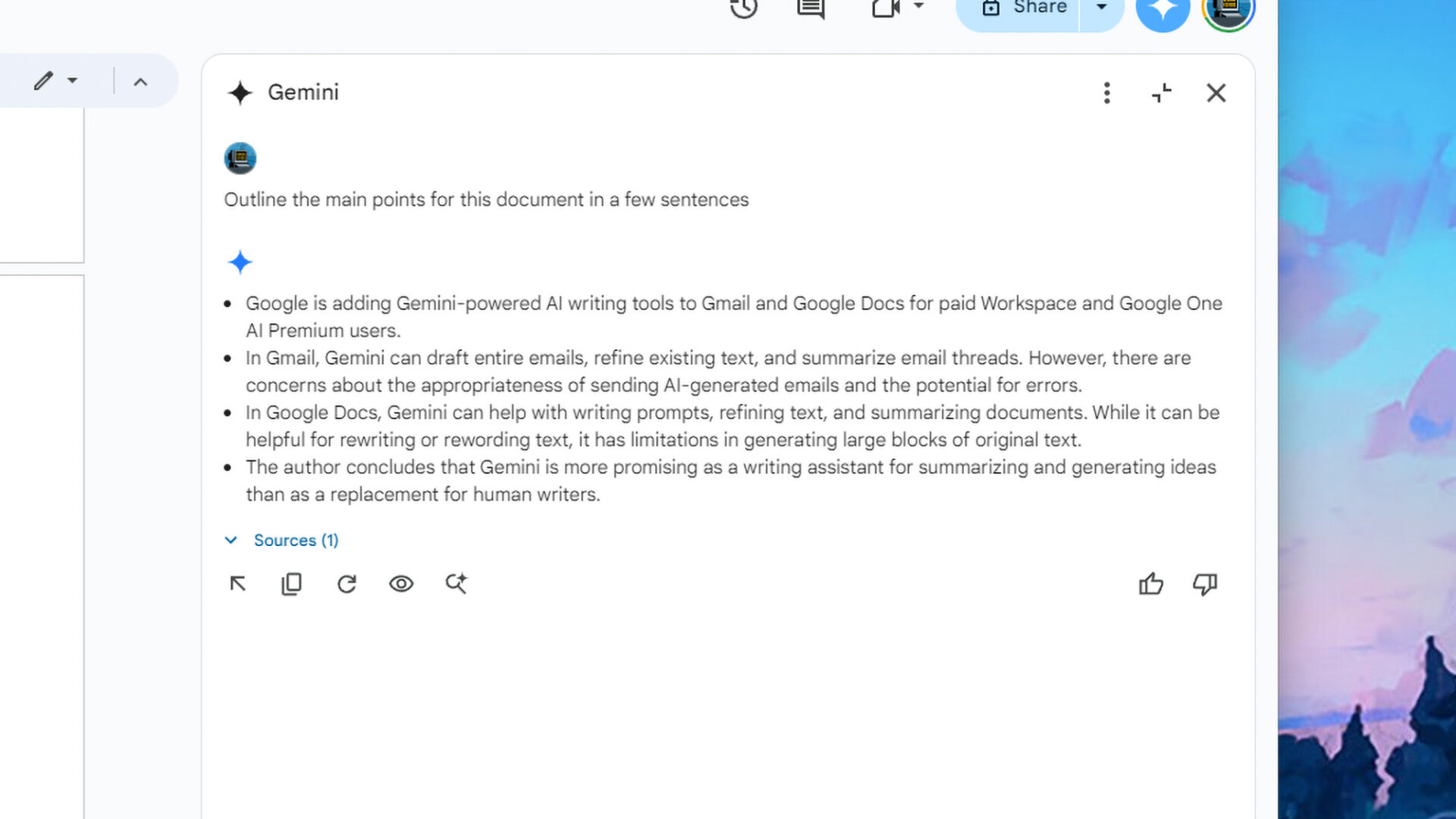 Gemini outline in Google Docs