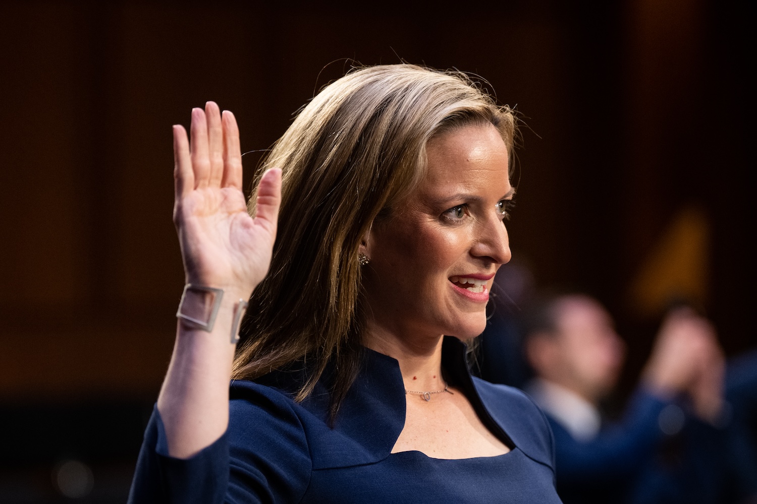 Michigan Secretary of State Jocelyn Benson is sworn in during the Senate Judiciary Committee hearing on Protecting Our Democracys Frontline Workers on Wednesday, August 3, 2022.