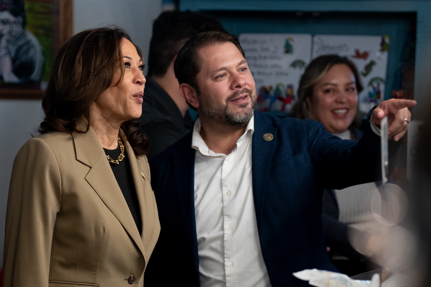 Democratic presidential candidate, U.S. Vice President Kamala Harris and Rep. Ruben Gallego (D-AZ) order food at Cocina Adamex restaurant on August 9, 2024 in Phoenix, Arizona.