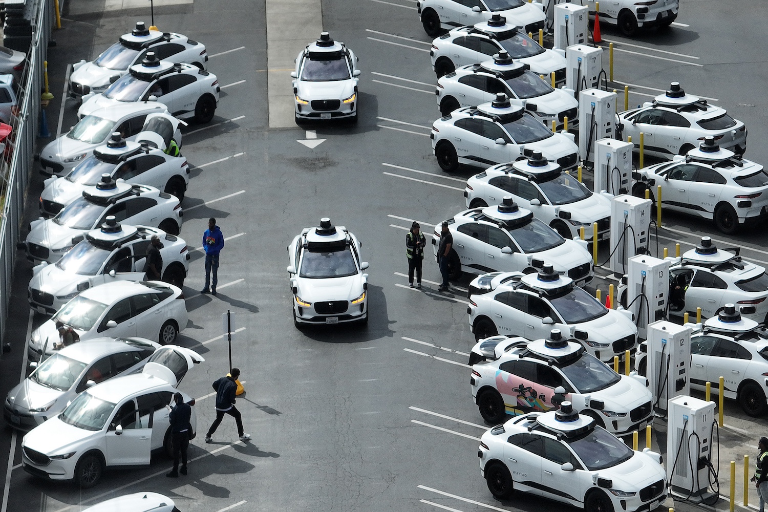 Waymo self-driving robotaxis in a parking lot