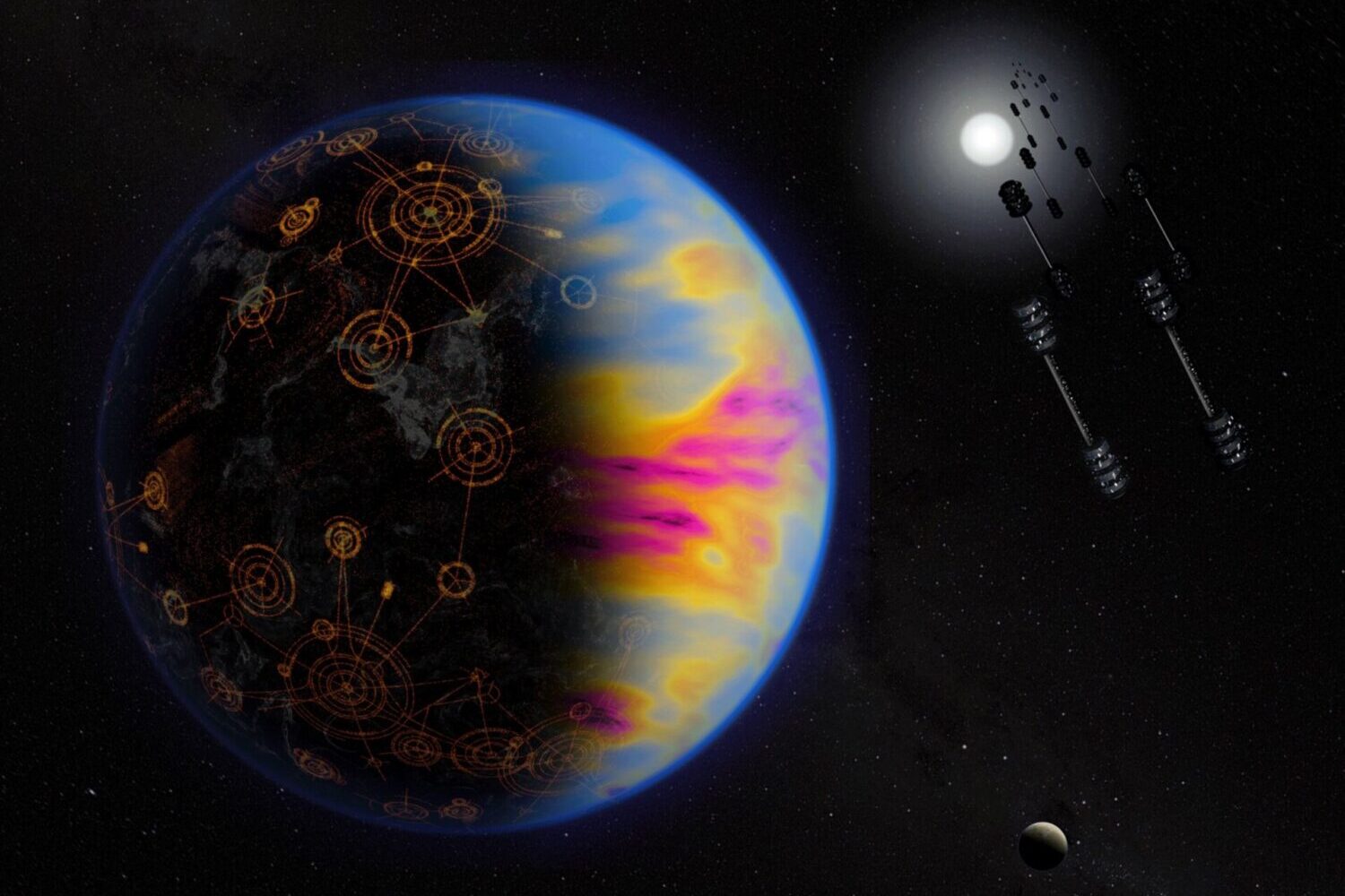 An artist's concept of an exoplanet (left) that collects power from solar cells in orbit (right).