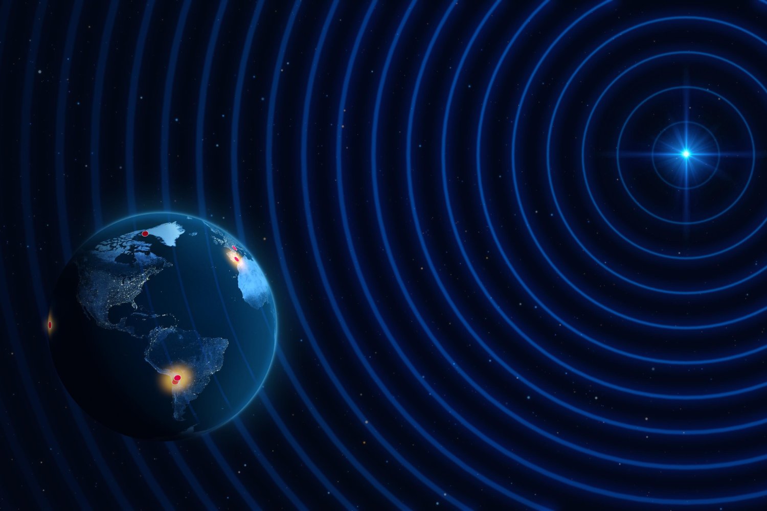 An artist's impression of radio observatories on Earth listening to the radio universe.