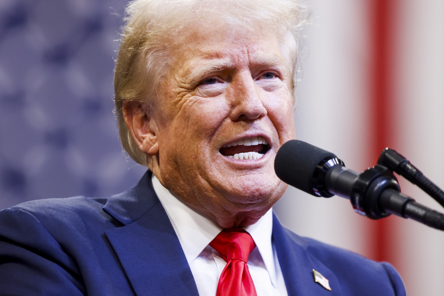 Conspiracy theorist Donald Trump speaks at a rally at the Brick Breeden Fieldhouse at Montana State University on August 9, 2024 in Bozeman, Montana.