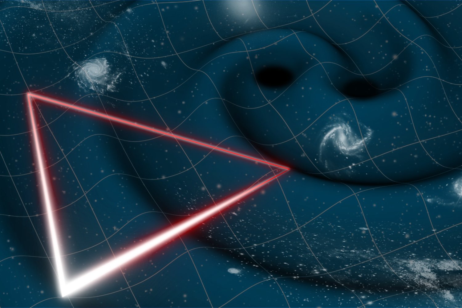 An artist's impression of the laser triangle of LISA, superimposed on gravitational waves emanating from a black hole binary.