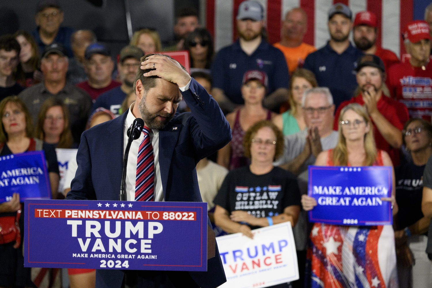 J.D. Vance (R-OH) speaks at a rally at trucking company, Team Hardinger on August 28, 2024 in Erie, Pennsylvania.