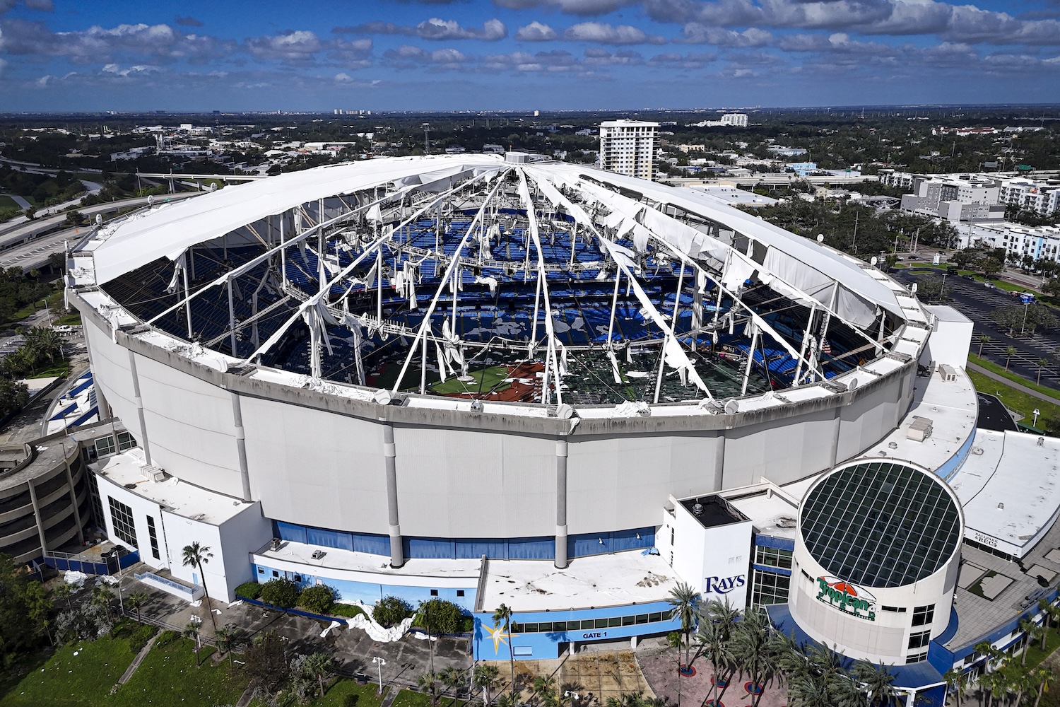 A drone image shows the dome of Tropicana Field which has been torn open due to Hurricane Milton in St. Petersburg, Florida, on October 10, 2024.