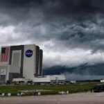 A storm encroaching on Kennedy Space Center in Cape Canaveral, Florida.