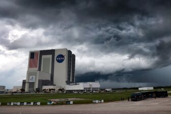 A storm encroaching on Kennedy Space Center in Cape Canaveral, Florida.