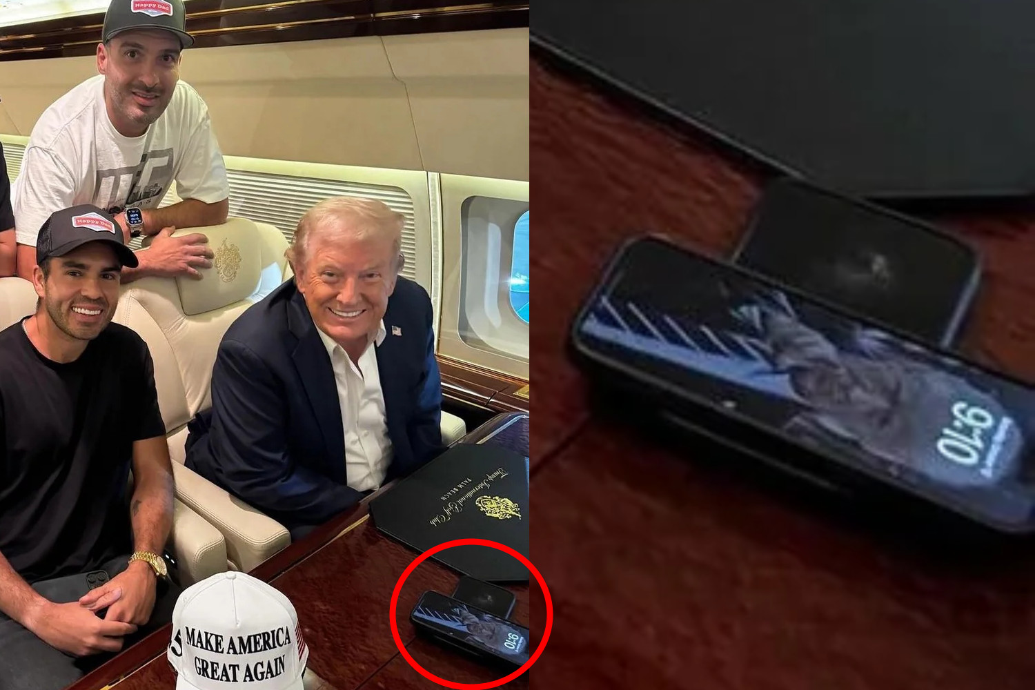 Donald Trump with YouTubers the Nelk Boys on Trump's private plane Oct. 12, 2024, along with a close-up showing Trump's phone wallpaper.