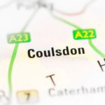 A map showing the label for Coulsdon, England.