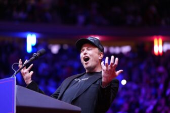 Elon Musk on stage before Republican presidential nominee former President Donald Trump speaks at a rally at Madison Square Garden in New York, NY on Sunday, October 27, 2024.