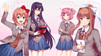 Doki Doki Literature Club Plus!-screenshot met vier personages die poseren en zwaaien.