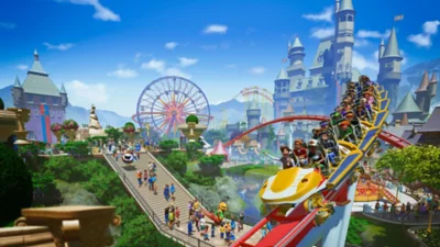 Arte guía de Planet Coaster mostrando un plano picado de un parque de atracciones bullicioso.