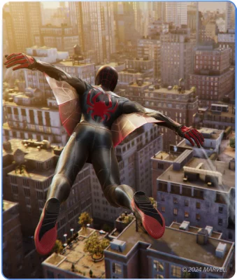 Imagen de Spiderman 2 que muestra a Miles con un traje con alas