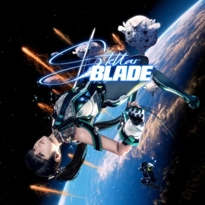 Stellar Blade - Illustration de jaquette montrant un personnage flottant à l'envers dans l'espace