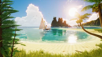 Captura de pantalla de Tchia que muestra una balsa en el mar.