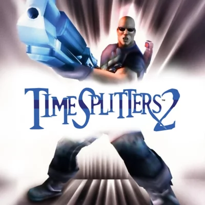 TimeSplitters 2 - Illustration principale montrant un personnage chauve brandissant une arme à feu massive.