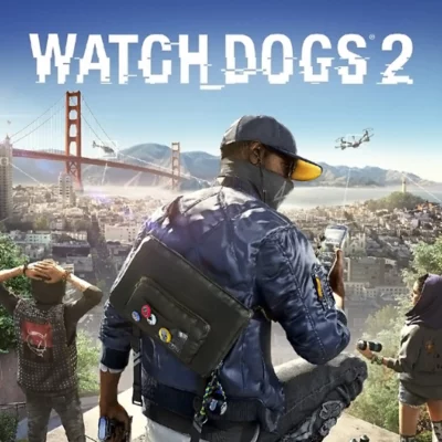 Watch Dogs 2 - Illustration principale montrant San Francisco avec le Golden Gate Bridge en arrière-plan et des hélicoptères survolant la ville.