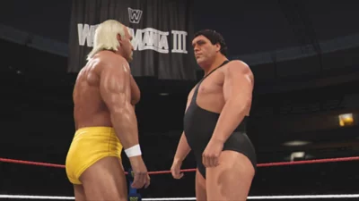 Screenshot von WWE 2K24, auf dem Andre the Giant und Hulk Hogan zu sehen sind