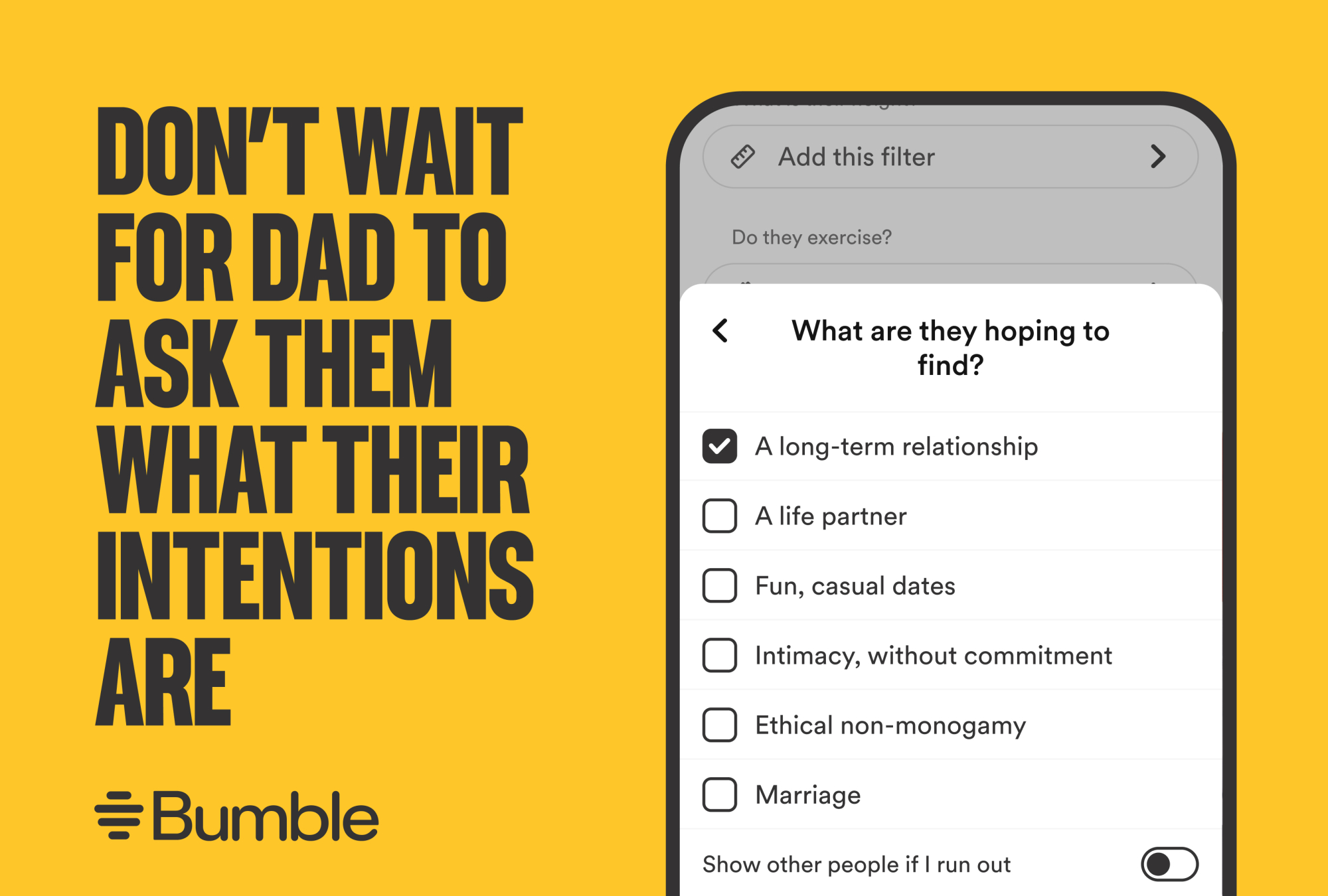 screenshot of bumble dating intentions screen