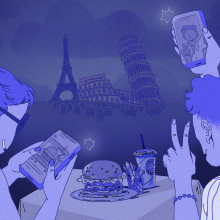 Illustration of two tourists with their backs to us, facing the Eiffel Tower in Paris, Rome's Coliseum, and The Leaning Tower of Pisa. 