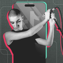 Sinead O'Connor posing with a microphone superimposed on a phone displaying the TikTok logo.